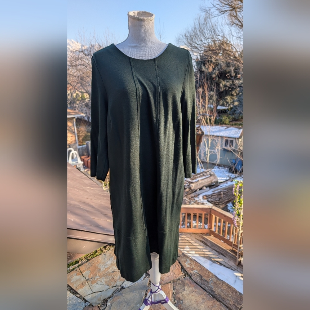 J Jill Ponte Knit Shift Dress 3/4 Sleeve Green Stretch Pocket Women’s Size L